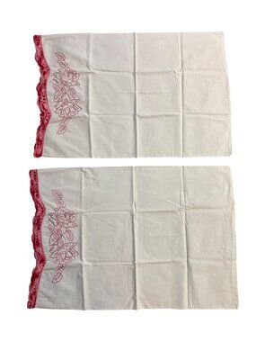 Vintage Pillowcases Set 2 Pink Floral Embroidery Lace Trim Cotton Used
